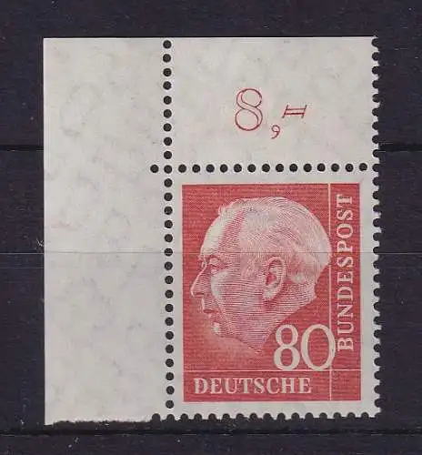 Bundesrepublik 1958 Theodor Heuss 80 Pf Mi.-Nr. 264 w Eckrandstück OL ** 