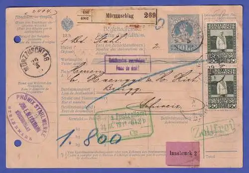 Österreich 1911 Mi.-Nr. 150 in MiF auf Paketkarte O MÜRZZUSCHLAG nach Brugg (CH)