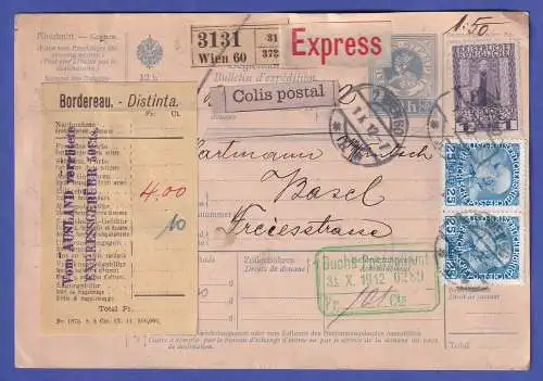 Österreich 1912 Mi.-Nr. 147, 153 auf Express-Paketkarte O WIEN nach Basel (CH)