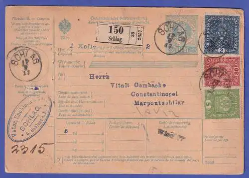 Österreich 1917 Mi.-Nr. 186,197,200 II auf Paketkarte O SCHLAG n. Constantinopel