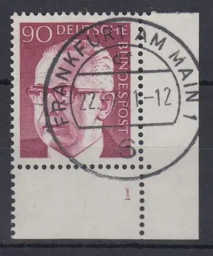 Bund 1970 Heinemann 90Pfg Mi.-Nr. 643 Eckrandstück mit Formnummer 1 gestempelt