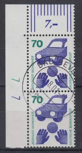 Bund 1973 Unfall 70Pfg Mi.-Nr. 773 Eckranpaar OL mit beiden Druckerzeichen 7, O