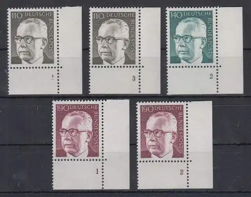 Bund 1972 Heinemann ex Mi.-Nr. 727-32 Lot 5 Eckrandstücke mit Formnummer **