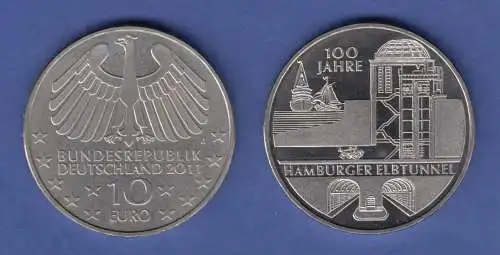 10-€-Gedenkmünze 2011 Alter Elbtunnel Hamburg, stempelglanz