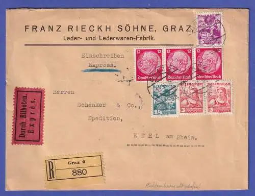Österreich 1938 Mischfrankatur Dt. Reich / Österreich auf R-Eil-Brief nach Kehl