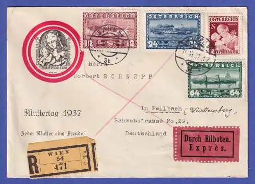 Österreich 1937 Mi.-Nr. 638, 639-641 auf R-Eil-Brief von Wien nach Fellbach