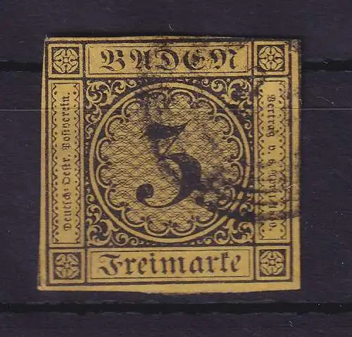 Baden 3 Kreuzer Mi.-Nr. 2a mit Nummern-Stempel 