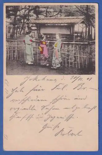Japan 1901 Postkarte rückseitig mit Bild 1901 gelaufen von YOKOHAMA n. BERLIN