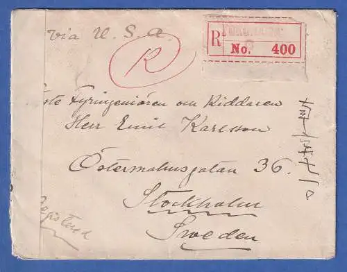 Japan 1917  10 Sen blau Mi.-Nr. 117 I als EF auf zensiertem R-Brief n. Schweden