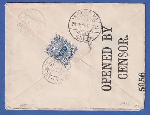 Japan 1917  10 Sen blau Mi.-Nr. 117 I als EF auf zensiertem R-Brief n. Schweden