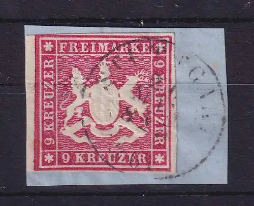 Württemberg 1859 Wappen 9 Kreuzer Mi.-Nr. 14a gestempelt auf Briefstück