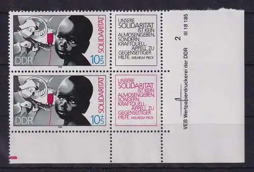 DDR 1988 Solidarität Mi.-Nr. 3202 a/b Eckrandpaar UR mit Druckvermerk **