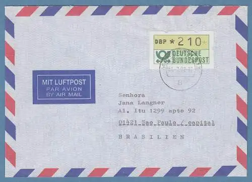 NAGLER-ATM Mi-Nr 1.2 Wert 210Pfg als EF auf Lp-Brief n. Brasilien, MÜNCHEN 813 