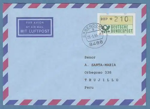 NAGLER-ATM Mi-Nr 1.2 Wert 210Pfg als EF auf Lp-Brief n. Peru, O ERBENDORF, 1993