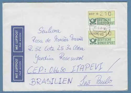 NAGLER-ATM Mi-Nr 1.2 Wert 210Pfg 2x als MEF auf Lp-Brief n. Brasilien. 31.3.93