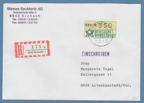 NAGLER-ATM Mi-Nr 1.2 Wert 350Pfg als EF auf R-Brief ab KRONACH 19.6.92