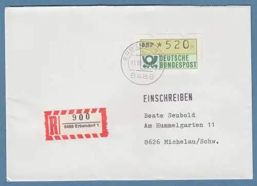 NAGLER-ATM Mi-Nr 1.2 Wert 520Pfg als EF auf R-Brief ab ERBENDORF 13.10.92