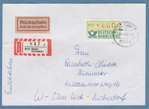 NAGLER-ATM Mi-Nr 1.2 Wert 800Pfg auf R-Rückschein-Bf. ab MARKT SCHWABEN 20.3.93
