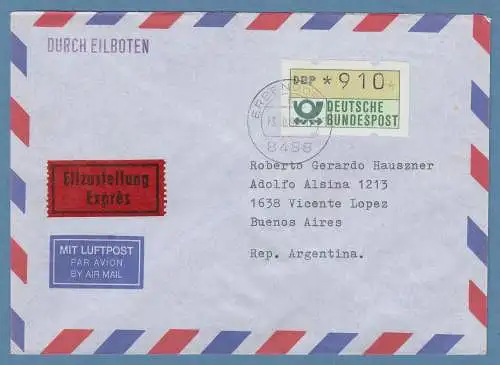 NAGLER-ATM Mi-Nr 1.2 Wert 910Pfg auf Eil-Luftpost-Bf. nach Argentinien, 13.10.92
