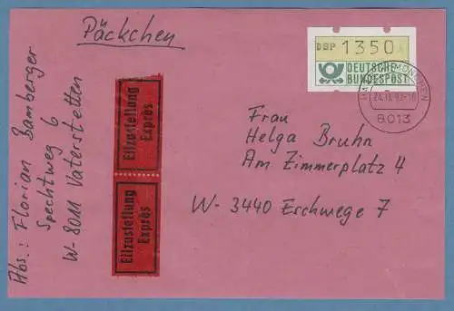 NAGLER-ATM Mi-Nr 1.2 Wert 1350Pfg auf Eil-Päckchen gel. ab HAAR 24.11.92