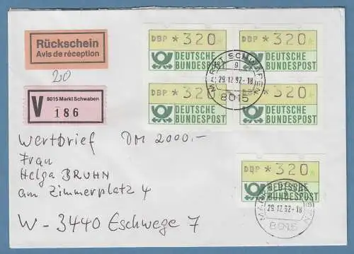 NAGLER-ATM Mi-Nr 1.2 Wert 320 5x als MEF auf Rsch-Wertbrief 2000,-DM , 29.12.92 