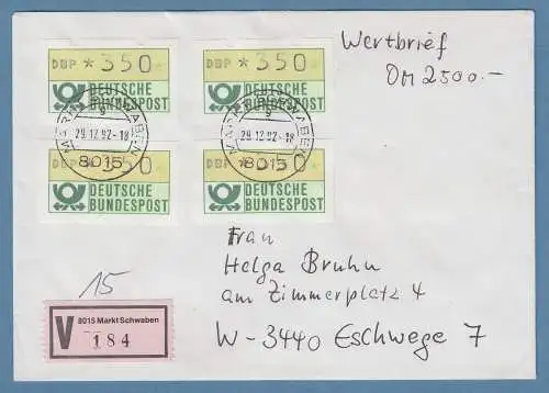 NAGLER-ATM Mi-Nr 1.2 Wert 350Pfg 4x als MEF auf Wertbrief über 2500,- DM, 1992