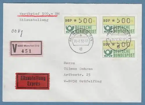 NAGLER-ATM Mi-Nr 1.2 Wert 500Pfg 3x als MEF auf Eil-Wertbrief, München 31.7.92