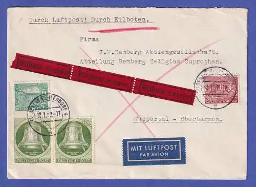 Berlin 1952 Luftpost-Eil-Brief von BERLIN-ZEHLENDORF nach Wuppertal-Oberbarmen