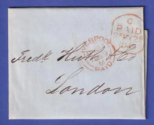 England Brief mit Zweikreis-O LIVERPOOL 1849 und PAID-O nach London