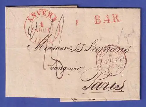 Belgien Vorphila-Brief mit Zweikreis-O ANVERS 1837 und Beförderungs-O nach Paris