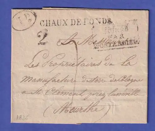 Schweiz Vorphila-Brief mit Einzeiler CHAUX DE FONDS und Beförderungs-O 1835