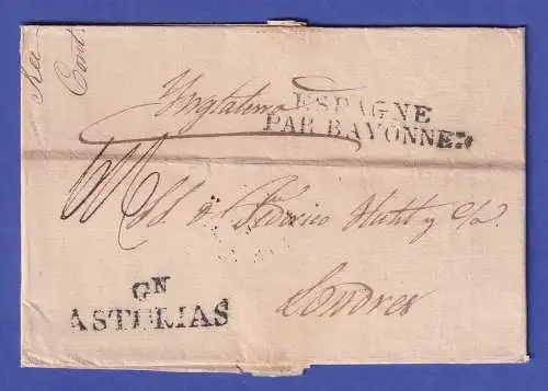 Spanien Vorphila-Brief mit Zweizeiler GN ASTURIAS und ESPAGNE PAR BAYONNE 1826
