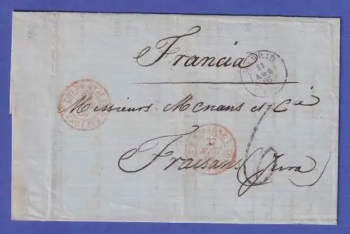 Spanien Brief mit Zweikreis-O MADRID und Beförderungs-O nach Fraisans 1866