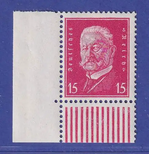 Dt. Reich 1928 Reichspräsident Hindenburg 15 Pf Mi.-Nr. 414 Eckrandstück UL**