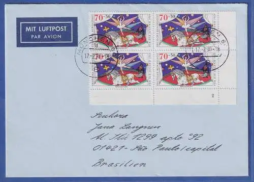 Bundesrepublik Jugend Zirkus Mi.-Nr. 1412 MEF auf Lp-Brief nach Brasilien, 1990