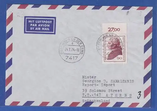 Bund 1974 Lp-Brief gelaufen nach Griechenland mit EF Mi.-Nr. 804 Immanuel Kant