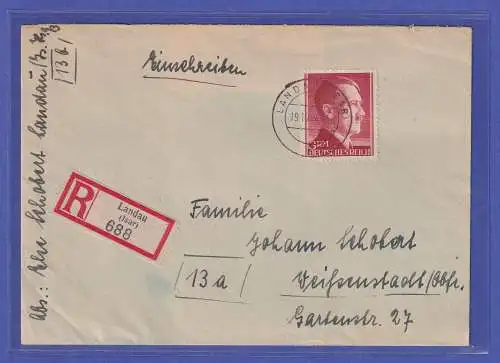 Dt. Reich 1944 Adolf Hitler Mi.-Nr. 801A auf überfrankiertem R-Brief O LANDAU