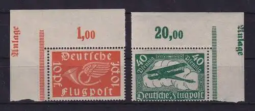 Dt. Reich 1919 Flugpostmarken Mi-Nr. 111-112 Eckrandstücke mit Vermerk Anlage **