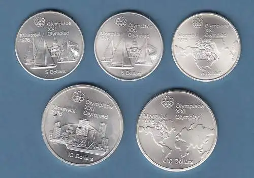 Kanada 1976 Olympische Spiele Montreal Lot 5 Silbermünzen 5$ bzw.10$ 