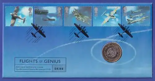 Großbritannien Coin-FDC 1997 Flights of Genius Mi-Nr.1696-1700 und 2-Pfund-Münze