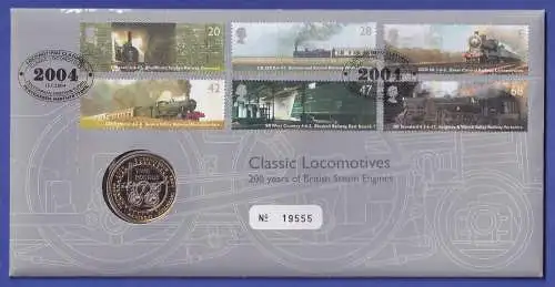 Großbritannien Coin-FDC 2004 Locomotives Mi.-Nr. 2174-2179 und 2-Pfund-Münze