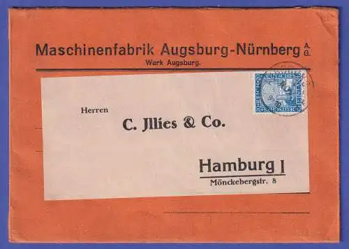 Dt. Reich 1925 Rheinland 20 Pf Mi.-Nr. 374 als EF auf Brief O AUGSBURG