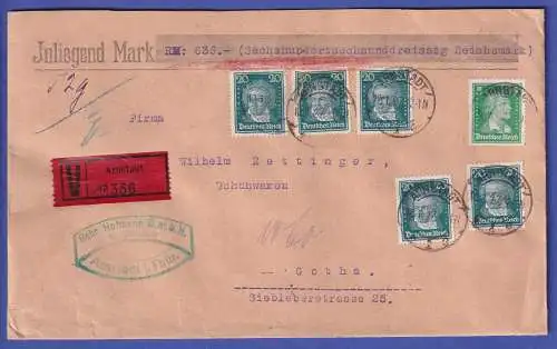 Dt. Reich 1927 Mi.-Nr. 387 und 392 in MiF auf Wert-Brief O ARNSTADT