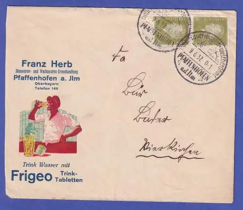 Dt. Reich 1932 Ebert Mi.-Nr. 465 senkr. Paar Brief Fa. Franz Herb O PFAFFENHOFEN