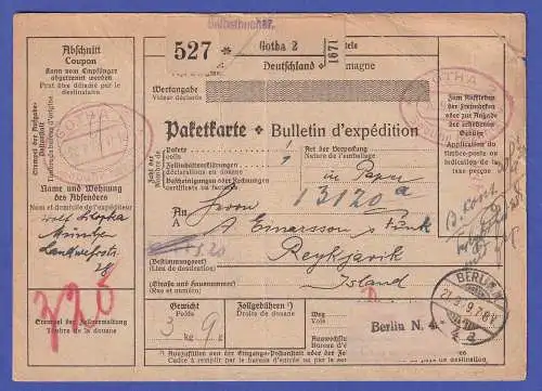 Dt. Reich 1929 Paketkarte mit O GOTHA 2 Gebühr bezahlt  gel. nach Island