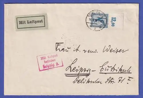 Dt. Reich 1926 Adler 20 Pf Mi-Nr. 380 mit Oberrand auf Luftpost-Brief O CHEMNITZ