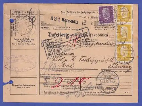 Dt. Reich 1932 Hindenburg Mi.-Nr. 418 und 437 in MiF auf Paketkarte O KÖLN-SÜLZ