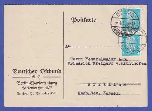 Dt. Reich 1931 Hindenburg 4 Pf Mi.-Nr. 454 als MEF auf Postkarte O BERLIN