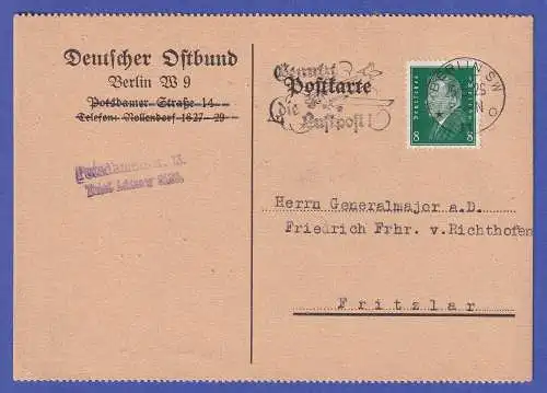 Dt Reich 1929 Ebert 8 Pf Mi.-Nr. 412 EF auf Postkarte O BERLIN an v. Richthofen
