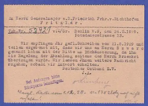 Dt Reich 1929 Ebert 8 Pf Mi.-Nr. 412 EF auf Postkarte O BERLIN an v. Richthofen